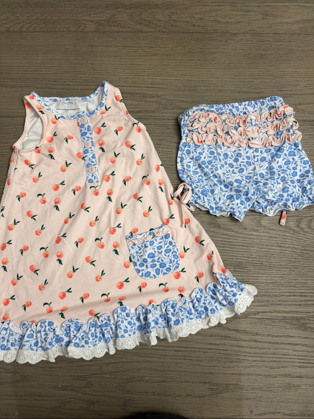 SweetHoney 4T Girls Peach Print Ruffle Play Set with Blue Floral Trim